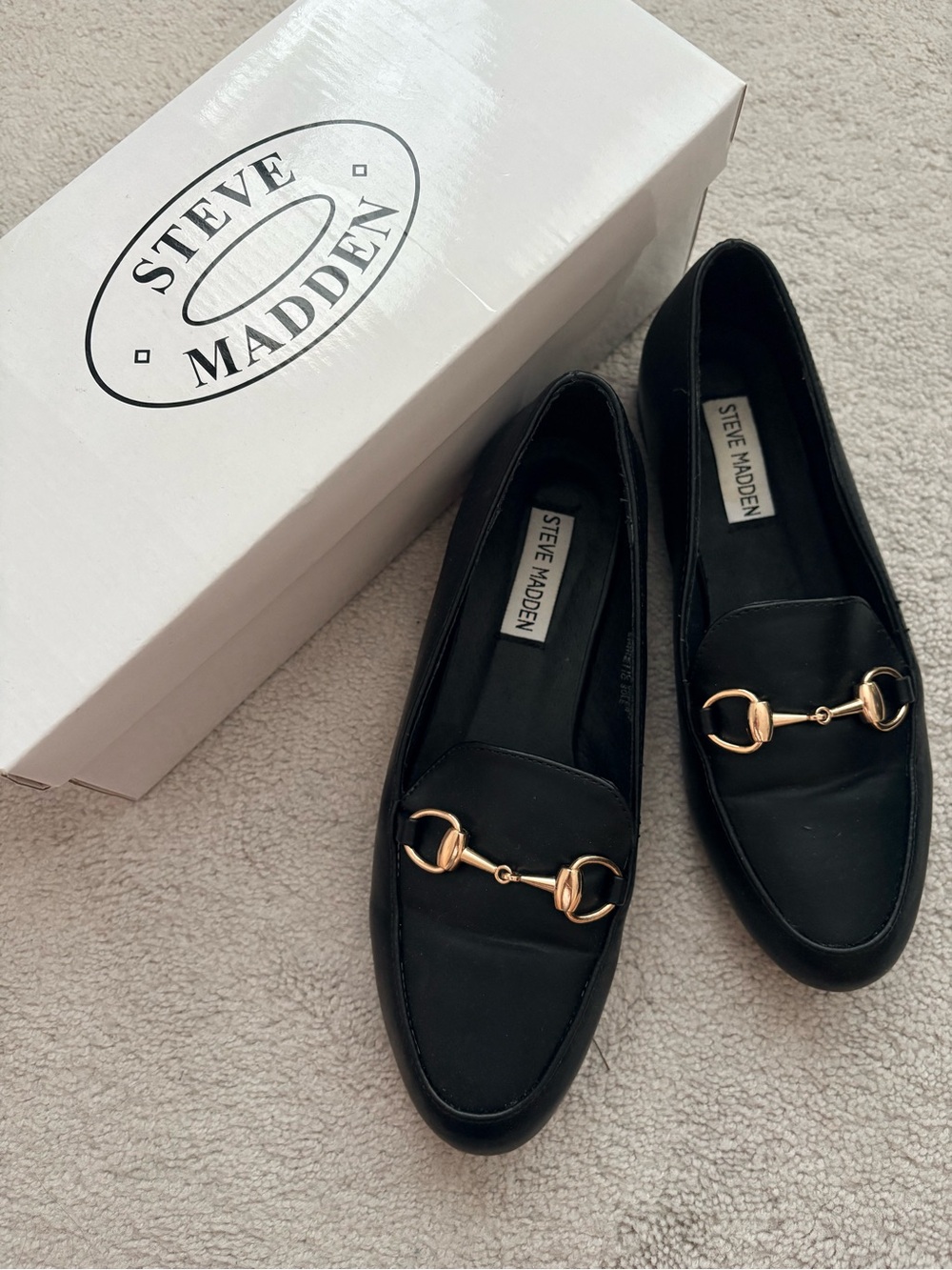 Steve Madden Black Loafers with Gold Bit Hardware